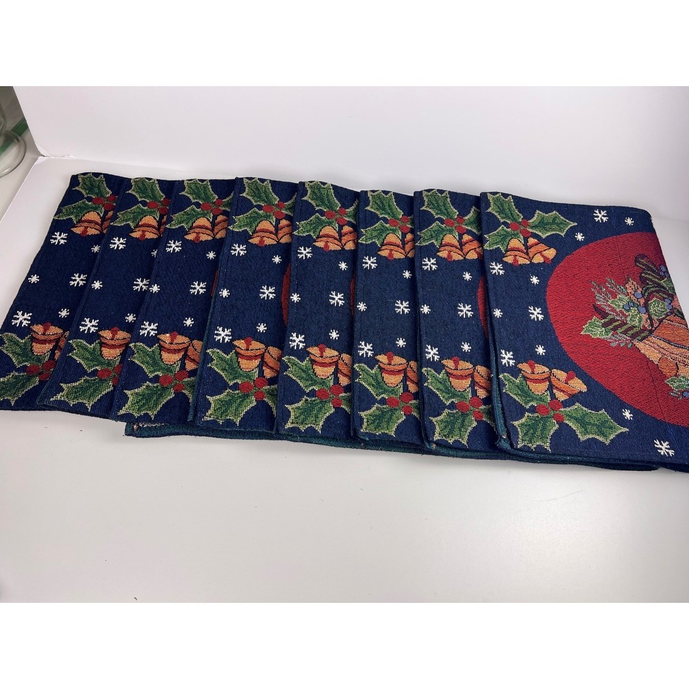 Six Vintage Christmas Holiday Tapestry Placemats  Bells Holly Red Green Blue